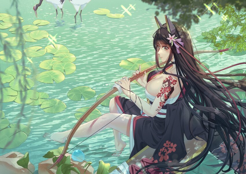 1girl akagi_(warship_girls_r) barefoot bird black_hair blunt_bangs breasts brown_eyes brown_hair chichengde_haotidu_afusang closed_mouth crane_(animal) dress flower from_side full_body hair_flower hair_ornament highres holding holding_weapon horns japanese_clothes kimono large_breasts lily_pad long_hair looking_at_viewer outdoors ribbon sarashi sitting soaking_feet solo sword tattoo very_long_hair warship_girls_r water weapon