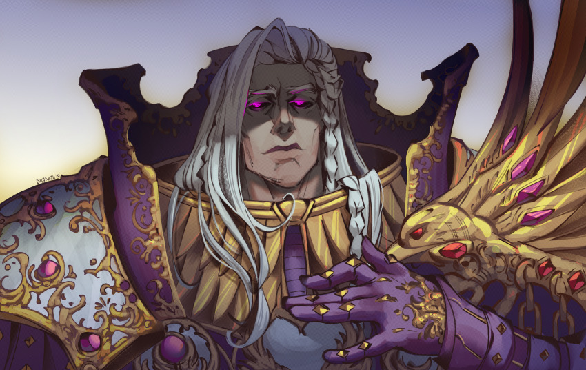 1boy armor artist_name bird black_sclera braid breastplate closed_mouth colored_sclera commentary dianaiiz eagle emperor&#039;s_children english_commentary face_in_shadow fulgrim gem gloves glowing glowing_eyes heart highres long_hair male_focus ornate_armor pauldrons pink_eyes power_armor primarch purple_armor purple_eyes purple_gemstone red_gemstone redrawn shoulder_armor straight-on warhammer_40k white_hair