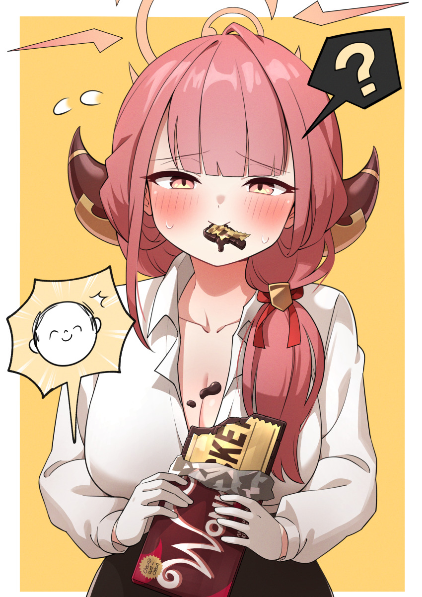 1girl ? absurdres aru_(blue_archive) black_skirt blue_archive blush box brown_horns chocolate closed_mouth collared_shirt demon_horns doodle_sensei_(blue_archive) gift gift_box gloves golmonggu halo highres holding holding_gift horns long_hair long_sleeves looking_at_viewer pink_hair pink_halo sensei_(blue_archive) shirt skirt solo spoken_question_mark white_gloves white_shirt yellow_eyes