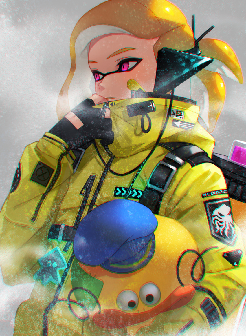 1boy absurdres agent_4_(splatoon) animal bandaid bandaid_on_face black_gloves blonde_hair chromatic_aberration closed_mouth domik emblem fingerless_gloves gloves headgear highres holding holding_animal ink_tank_(splatoon) inkling inkling_boy inkling_player_character jacket light_frown logo long_sleeves looking_to_the_side male_focus medium_hair mimimi_(echonolog) nintendo ponytail purple_eyes short_ponytail snow solo splatoon_(series) splatoon_2 squid standing tentacle_hair upper_body yellow_jacket zapfish zipper