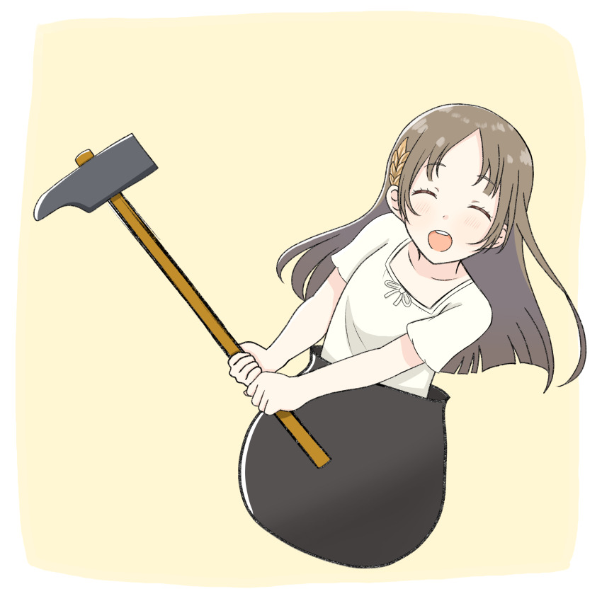 1girl brown_hair cauldron closed_eyes full_body gakuen_idolmaster getting_over_it hammer highres holding holding_hammer idolmaster in_cauldron kuramoto_china long_hair marumochi_inari open_mouth parody parted_bangs simple_background sledgehammer solo