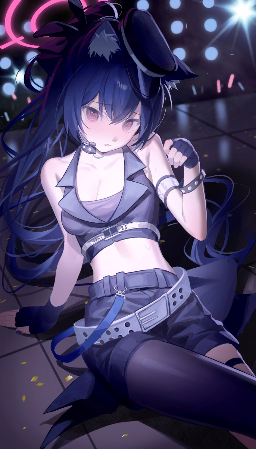 1girl @_@ absurdres animal_ear_fluff animal_ears arm_support bare_shoulders black_gloves black_hair black_pantyhose black_shorts black_vest blue_archive breasts cat_ears cat_girl cleavage commentary_request cropped_vest earpiece fingerless_gloves gloves glowstick hair_between_eyes halo hand_up highres long_hair looking_at_viewer medium_breasts midriff official_alternate_costume official_alternate_hairstyle open_mouth pantyhose red_eyes red_halo serika_(blue_archive) serika_(idol)_(blue_archive) short_shorts shorts side_ponytail single_leg_pantyhose sitting stage thigh_strap very_long_hair vest xianyusixu
