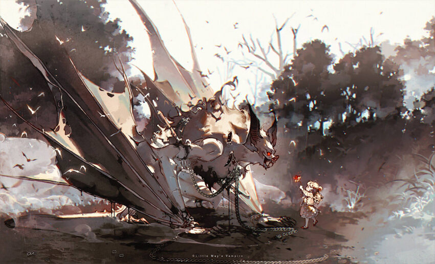 1girl animal bat_wings branch chain dress flower forest kawacy nature original oversized_animal polka_dot polka_dot_dress red_eyes sky tree vampire_bat white_sky wings
