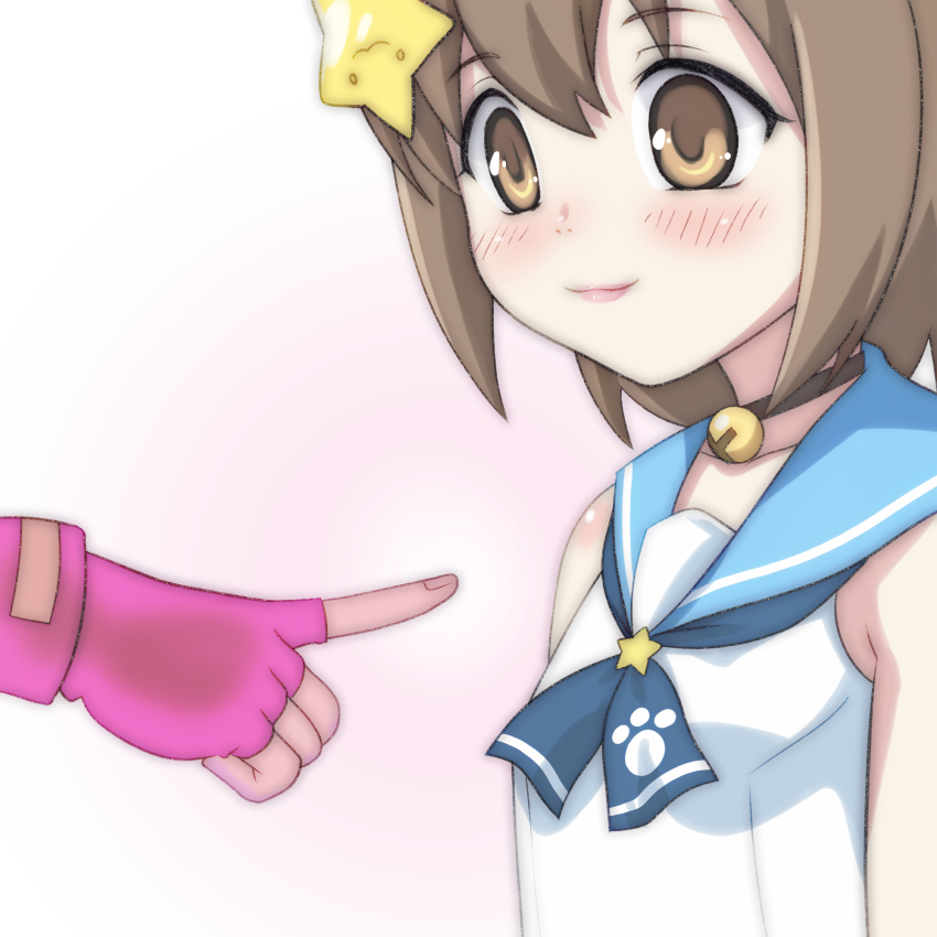 2girls :3 bell blue_neckerchief blush brown_eyes brown_hair collar collarbone etotama fingerless_gloves flat_chest gloves hair_ornament highres jingle_bell moo-tan multiple_girls neck_bell neckerchief nyaa-tan paw_print pink_gloves pointing pointing_at_another print_neckerchief school_uniform shirt short_hair sleeveless sleeveless_shirt smile standing star_(symbol) star_hair_ornament t_jiroo_(ringofriend) upper_body white_background white_shirt