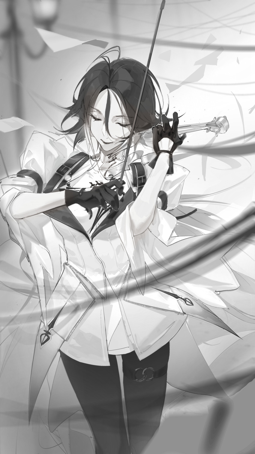 1girl absurdres adela_(path_to_nowhere) black_gloves bow_(music) breasts chinese_commentary closed_eyes collarbone commentary cowboy_shot facing_down floating floating_object glove_cutout gloves greyscale hair_between_eyes highres holding holding_bow_(music) holding_instrument holding_violin instrument juliet_sleeves lamppost leggings long_sleeves medium_hair mole mole_on_breast monochrome music no_bra paper path_to_nowhere playing_instrument puffy_sleeves three-quarter_sleeves solo thigh_strap violin yanjie