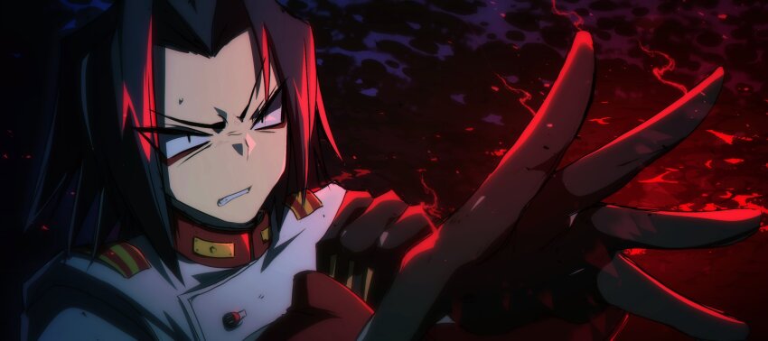 1boy akatsuki_(akatsuki_en-eins) akatsuki_blitzkampf angry en-eins_kanzen_sekai gloves highres lightning military_uniform serious soldier sora_(zombiebathwater) sweat sweatdrop