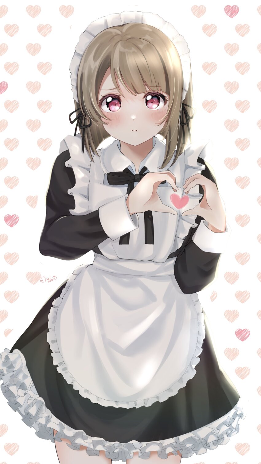 1girl absurdres apron black_dress blush bob_cut bow closed_mouth dress frilled_apron frills heart heart_background heart_hands highres light_brown_hair long_sleeves looking_at_viewer love_live! love_live!_nijigasaki_high_school_idol_club maid maid_apron maid_headdress nakasu_kasumi nyako_(utaneko31) red_eyes ribbon short_hair solo waist_apron white_apron white_background