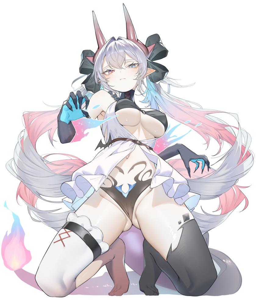 1girl asymmetrical_legwear belt black_bow black_gloves black_panties black_thighhighs blue_eyes blue_gloves blue_hair bow breasts brown_belt bush closed_mouth colored_inner_hair commentary double-parted_bangs dragon_girl dragon_horns dragon_tail dress drill_hair elbow_gloves feet fire flame-tipped_tail gloves gluteal_fold gradient_hair grey_hair hair_between_eyes hair_bow hair_intakes heterochromia highres horns kneeling large_breasts long_hair looking_at_viewer mismatched_legwear multicolored_hair no_shoes o-ring o-ring_top original panties pero_(peroneko0510) pink_eyes pointy_ears red_hair simple_background solo tail thighhighs toes twin_drills two-sided_gloves two-tone_gloves underboob underwear very_long_hair white_background white_dress white_thighhighs