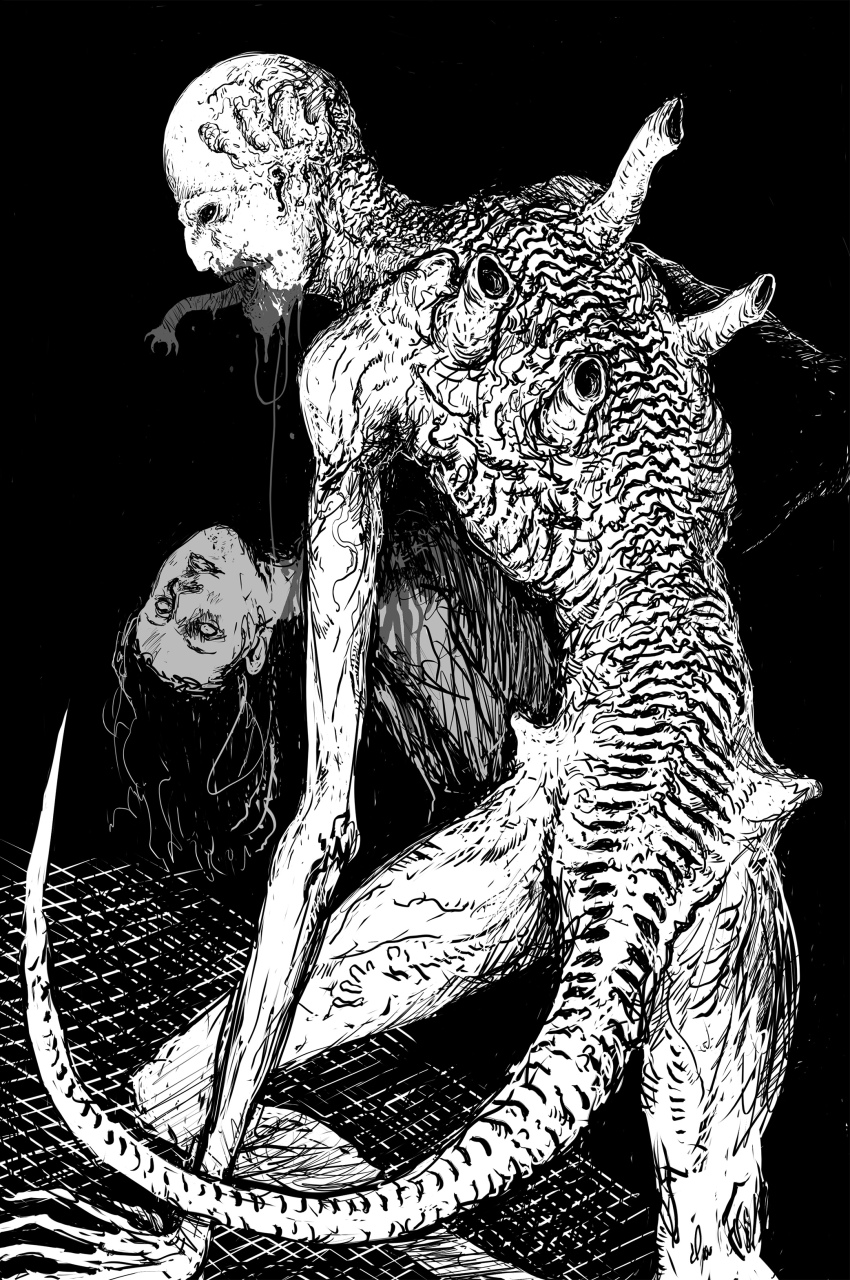 2others absurdres alien_(series) biomechanical black_eyes blood blood_on_face claws completely_nude darkness death greyscale highres holding ink monochrome monster multiple_others nested_mouths nude spaghetti-bastard tail tile_floor tiles tongue tongue_out