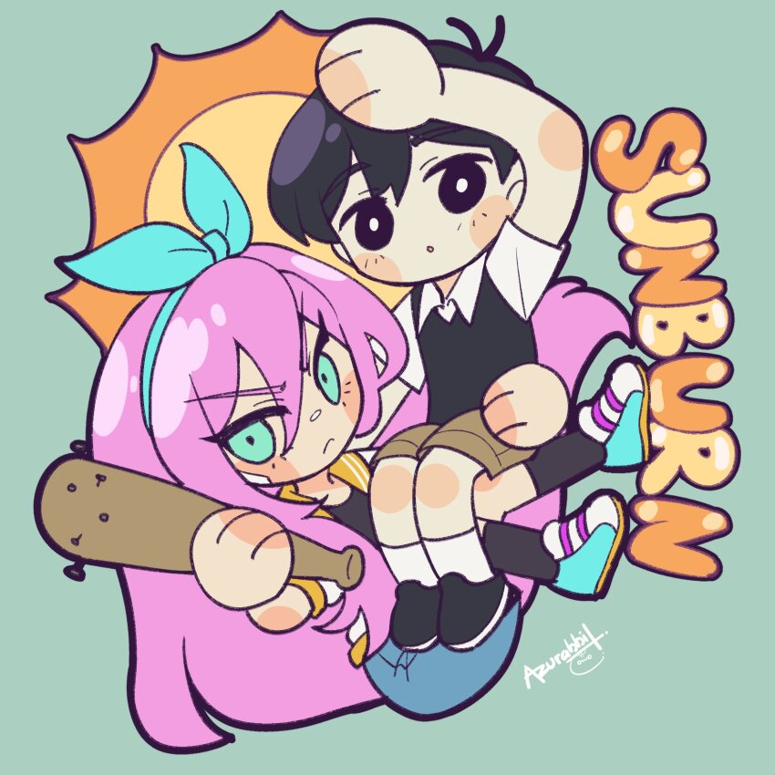 1boy 1girl :&lt; :o antenna_hair aqua_eyes aqua_hairband aqua_shoes arm_up artist_name aubrey_(faraway)_(omori) aubrey_(omori) baseball_bat black_eyes black_footwear black_hair black_shirt black_socks bow_hairband bright_pupils brown_shorts carrying carrying_person chibi chibi_only closed_mouth collared_shirt commentary denim denim_skirt double-parted_bangs english_commentary english_text full_body green_background hair_behind_ear hair_between_eyes hairband hand_up highres holding holding_baseball_bat jacket long_hair miomawla nail nail_(hardware) nail_bat omori orange_sailor_collar pink_hair sailor_collar shirt shoes short_hair short_sleeves shorts simple_background sitting sitting_on_person skirt socks sun sunny_(omori) v-shaped_eyebrows white_jacket white_pupils white_shirt white_socks
