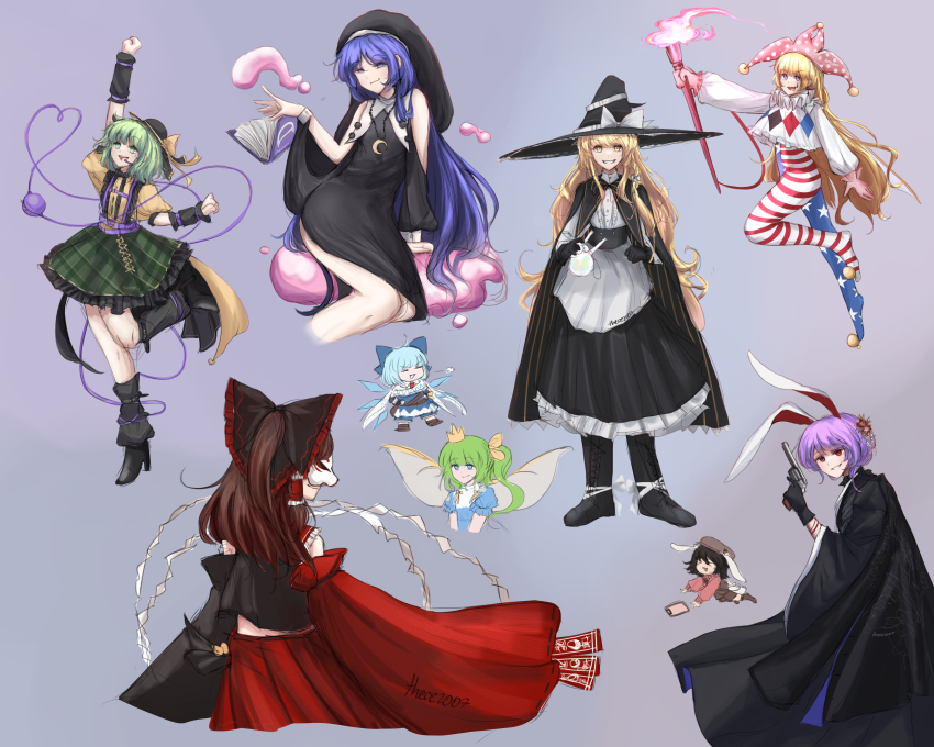 6+girls absurdres adapted_costume alternate_color alternate_costume american_flag american_flag_print animal_ears apron artist_name asymmetrical_sleeves bad_anatomy bad_hands black_boots black_bow black_dress black_gloves black_hat black_leg_warmers black_shoes black_skirt black_sleeves blob blonde_hair blue_bow blue_dress blue_hair boots bow braid brown_hat cirno clownpiece commentary crescent_pendant crown daiyousei detached_wings doremy_sweet dream_soul dress english_commentary eye_mask eyeball fairy fairy_wings flag_print flask floppy_ears fox_mask frilled_bow frilled_hair_tubes frilled_skirt frills gloves green_eyes green_hair green_skirt grin gun hair_bow hair_tubes hakurei_reimu handgun hat hat_bow headset heart heart_of_string high_heels highres holding holding_gun holding_torch holding_weapon ice ice_wings inaba_tewi jester_cap jewelry kirisame_marisa komeiji_koishi leg_up leg_warmers long_hair long_sleeves mask mismatched_sleeves multiple_girls neck_ruff necklace ofuda one_side_up pendant polka_dot polka_dot_headwear purple_hair rabbit_ears rabbit_girl red_eyes red_sleeves reisen_udongein_inaba revolver round-bottom_flask shirt shoes side_braid side_slit simple_background single_braid sitting skirt smile standing standing_on_one_leg star_(symbol) star_print there2007 third_eye torch touhou touhou_hero_of_ice_fairy very_long_hair waist_apron weapon white_apron white_bow wings witch_hat yellow_bow yellow_shirt