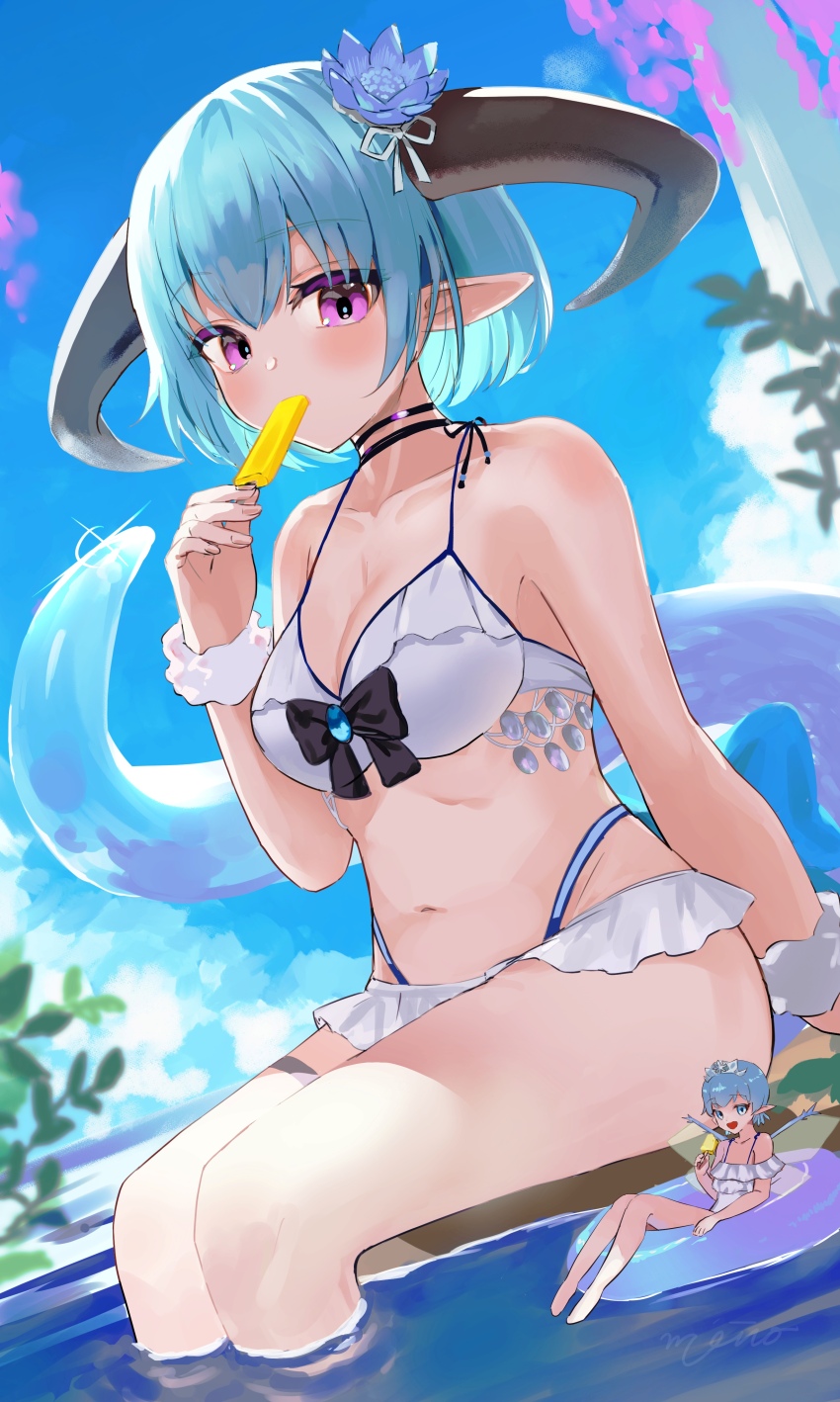 2girls absurdres aqua_hair bare_shoulders bikini blue_flower blush breasts cleavage collarbone dragon_girl dragon_horns dragon_tail fairy filene_(shadowverse) flower food food_in_mouth hair_between_eyes hair_flower hair_ornament highres holding holding_food holding_popsicle horns inej_(shadowverse) innertube looking_at_viewer medium_breasts monokuroheddohonn multiple_girls navel official_alternate_costume official_alternate_hairstyle one-piece_swimsuit pointy_ears popsicle popsicle_in_mouth purple_eyes scrunchie shadowverse shadowverse_evolve short_hair stomach swim_ring swimsuit tail white_bikini white_one-piece_swimsuit wrist_scrunchie