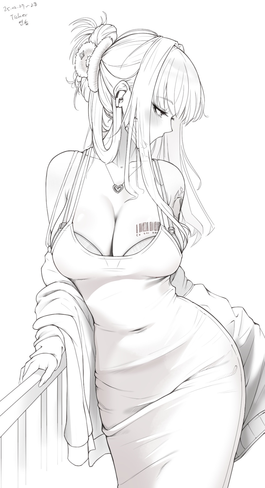 1girl airpods arm_tattoo barcode barcode_tattoo breast_tattoo breasts d_(killer_wife)_(nikke) d_(nikke) dongtan_dress dress goddess_of_victory:_nikke heart heart_necklace highres jewelry large_breasts meme_attire necklace official_alternate_costume pencil_dress solo tattoo ticker_(kks2ksy) wireless_earphones