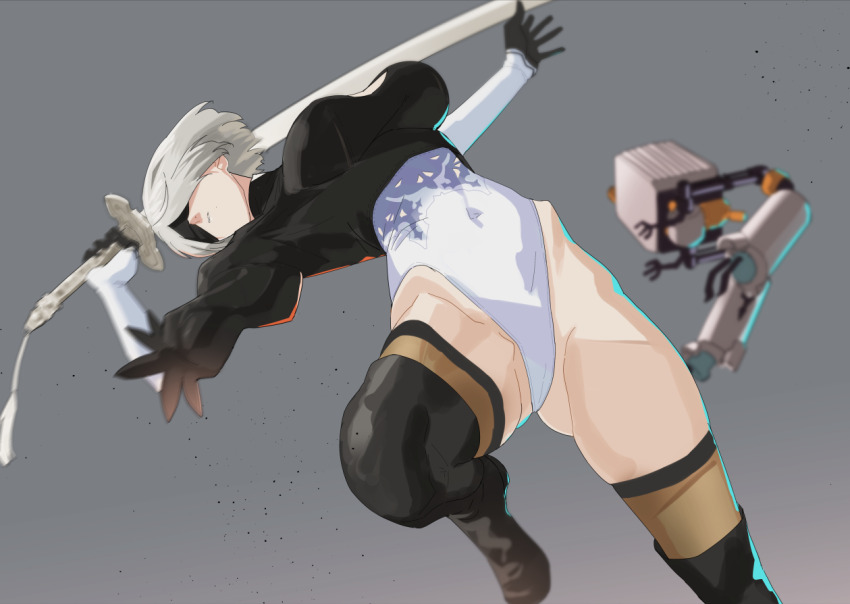 1girl 2b_(nier:automata) black_gloves black_thighhighs blindfold boots breasts cleavage covered_eyes covered_navel exocet_(exocet4) feather-trimmed_sleeves feather_trim from_below gloves grey_background groin holding holding_sword holding_weapon katana large_breasts leotard mole mole_under_mouth nier:automata nier_(series) pod_(nier:automata) simple_background sweat sword thighhighs thighhighs_under_boots thighs thong_leotard weapon white_hair white_leotard wide_hips