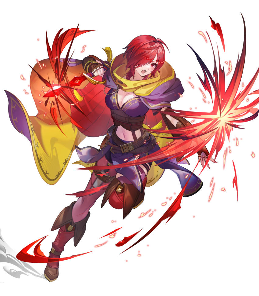 1girl boots breasts brown_gloves cleavage dagger energy female_focus fingerless_gloves fire_emblem fire_emblem:_the_blazing_blade fire_emblem_heroes gloves hair_over_one_eye highres holding holding_dagger holding_knife holding_weapon knife large_breasts leila_(fire_emblem) leila_(superb_shadow)_(fire_emblem) matching_hair/eyes medium_breasts midriff navel nintendo non-web_source official_alternate_costume official_art open_mouth red_boots red_eyes red_hair solo weapon