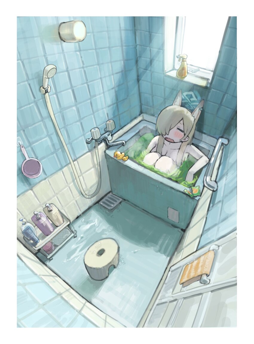 1girl animal_ears bathing bathroom blonde_hair blue_archive blush closed_eyes commentary_request completely_nude day from_above hair_over_one_eye halo highres in_bathtub indoors kanna_(blue_archive) knees_to_chest long_hair nude open_mouth overexposure partially_submerged relaxing rubber_duck shower_head sitting solo stool tile_wall tiles wide_shot window yamabuki0