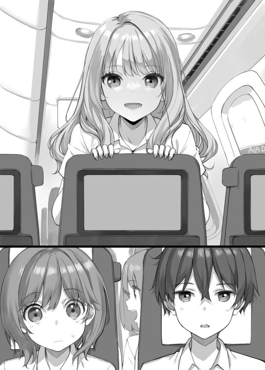 1boy 2girls absurdres airplane_interior character_request closed_mouth collared_shirt commentary_request greyscale hair_between_eyes higashira_isana highres irido_mizuto long_hair looking_at_viewer mamahaha_no_tsurego_ga_moto_kano_datta monochrome multiple_girls novel_illustration official_art open_mouth parted_lips second-party_source shirt short_hair smile takayaki