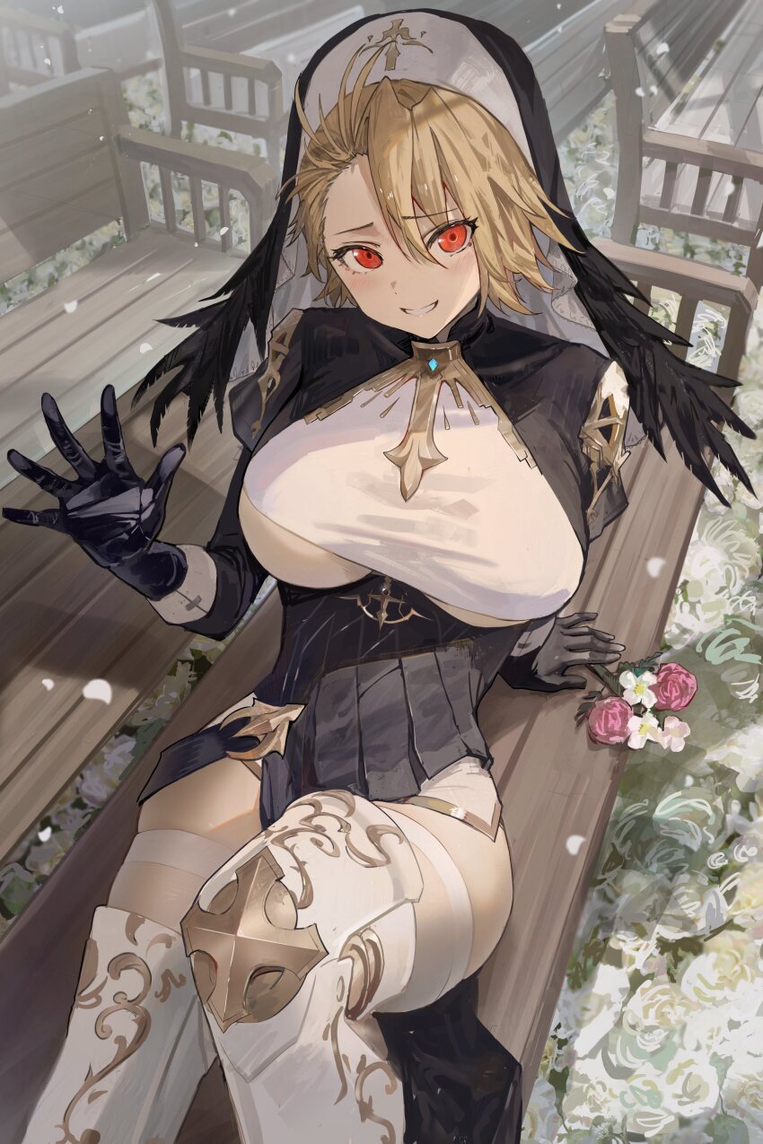 1girl absurdres black_gloves black_veil blonde_hair breasts character_request copyright_request gloves grin hair_between_eyes hand_up hidulume highres large_breasts looking_at_viewer nun red_eyes short_hair sitting smile solo teeth thick_thighs thighs underboob veil