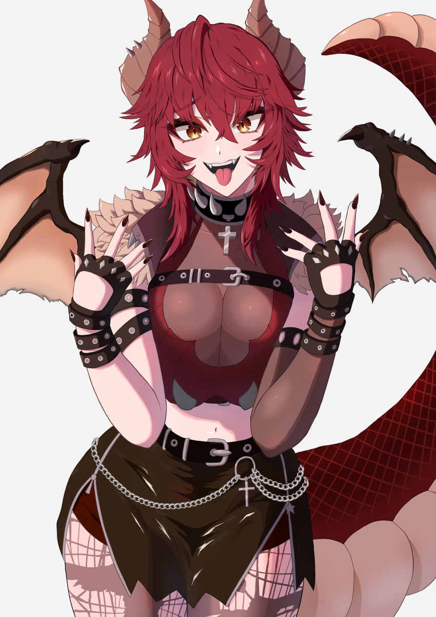 1girl absurdres black_gloves black_nails black_skirt breasts cleavage dragon_girl dragon_horns dragon_tail fingerless_gloves gloves highres horns large_breasts looking_at_viewer meibin nail_polish official_alternate_hair_length official_alternate_hairstyle open_mouth pantyhose red_hair red_shirt shirt short_hair skirt smile solo tail tongue tongue_out torn_clothes torn_pantyhose virtual_youtuber vshojo yellow_eyes zentreya zentreya_(dragon) zentreya_(dragon)_(1st_costume)