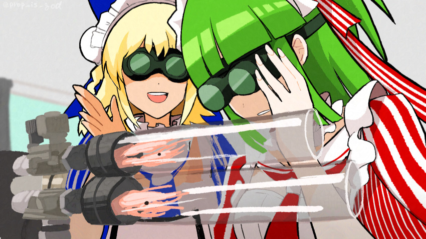 2girls :d beatmania_iidx bemani blonde_hair blunt_bangs commentary_request dress goggles green_hair highres hishimiya_tsugaru indoors multicolored_hair multiple_girls open_mouth prop_is_god red_dress short_hair smile streaked_hair teeth upper_body upper_teeth_only xiatian_(beatmania)