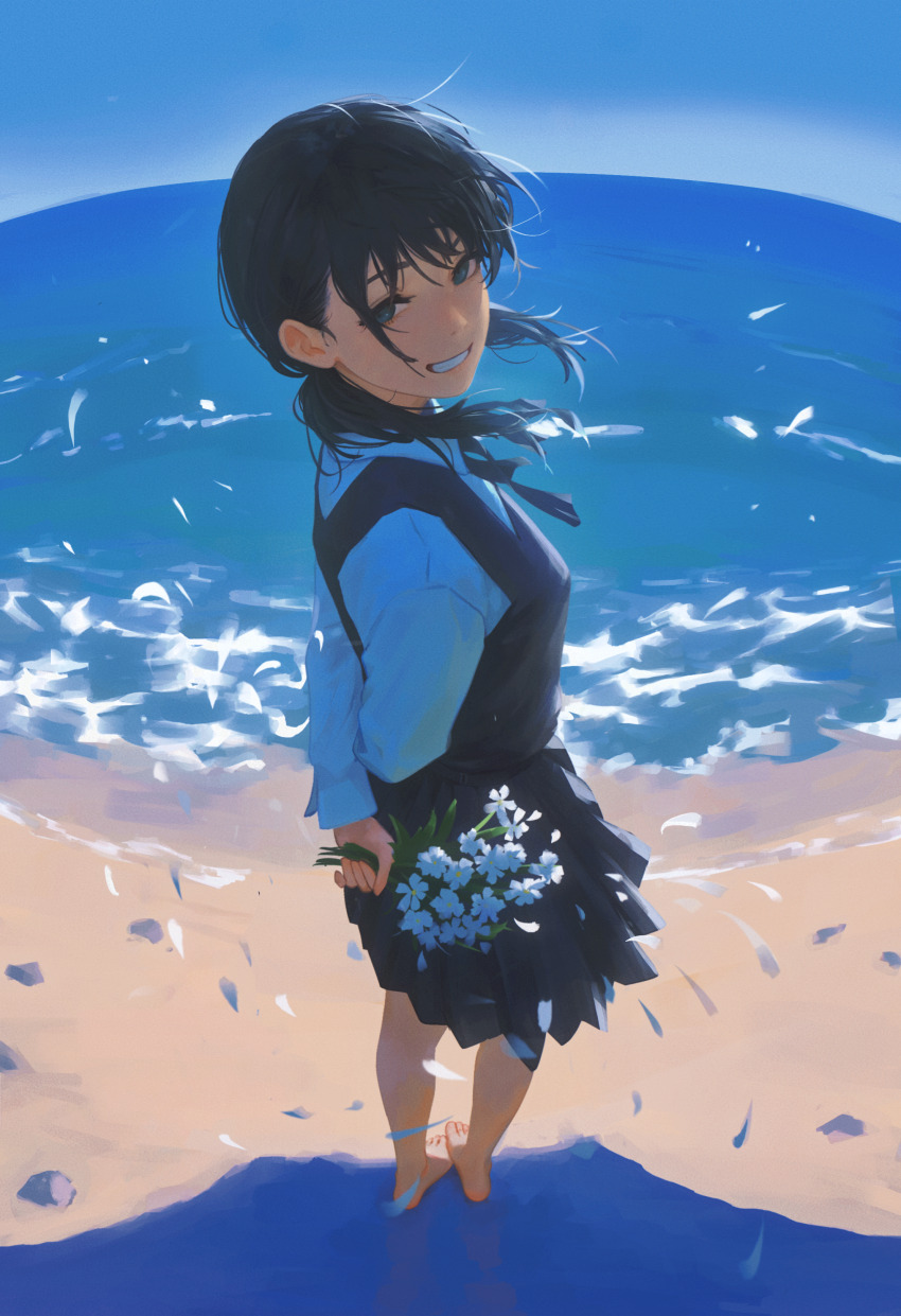 1girl absurdres arms_behind_back bare_legs barefoot beach black_dress black_hair blush bouquet chainsaw_man clear_sky commentary_request dress falling_petals feet flower full_body grin highres holding holding_bouquet looking_at_viewer looking_back mitaka_asa ocean outdoors petals pinafore_dress revision shirt shore sky sleeveless sleeveless_dress smile solo toes white_shirt yao_liao_wang
