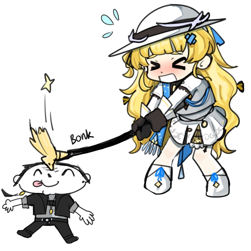 &gt;_&lt; 1boy 1girl black_gloves black_hair black_jacket black_ribbon black_shoes blonde_hair blue_archive blue_sash blush bonk boots chibi commentary dress gloves grey_shirt hair_ornament hat high-waist_skirt highres jacket light_sketch long_hair long_sleeves male_rover_(wuthering_waves) mini_person miniboy nose_blush open_clothes open_jacket pantyhose pencil phoebe_(wuthering_waves) ribbon rover_(wuthering_waves) sash sensei_(blue_archive) shirt shoes skirt sleeve_cuffs sleeves_rolled_up socks tacet_mark_(wuthering_waves) tongue tongue_out very_long_hair white_background white_boots white_dress white_hat white_pantyhose white_shirt white_shoes white_skirt white_sleeve_cuffs white_sleeves white_socks wuthering_waves x_hair_ornament