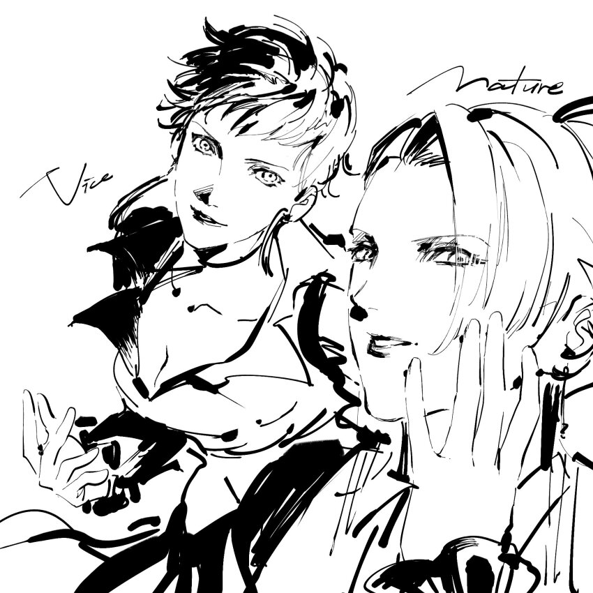 2girls breasts cleavage dress female_focus formal_clothes hand_up highres long_hair long_sleeves looking_at_viewer mature_(kof) medium_breasts multiple_girls naokotoysk short_hair suit the_king_of_fighters verdiedell vice_(kof)