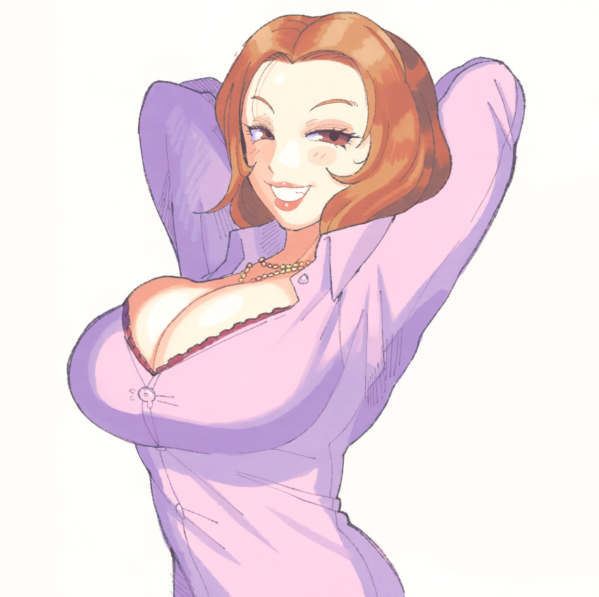1girl arms_behind_head arms_up blush breasts brown_eyes brown_hair cleavage eyelashes grin high_heels highres inkerton-kun jewelry kashiwagi_noriko large_breasts lips looking_at_viewer mature_female necklace persona persona_4 pink_shirt shirt smile standing sweat teacher