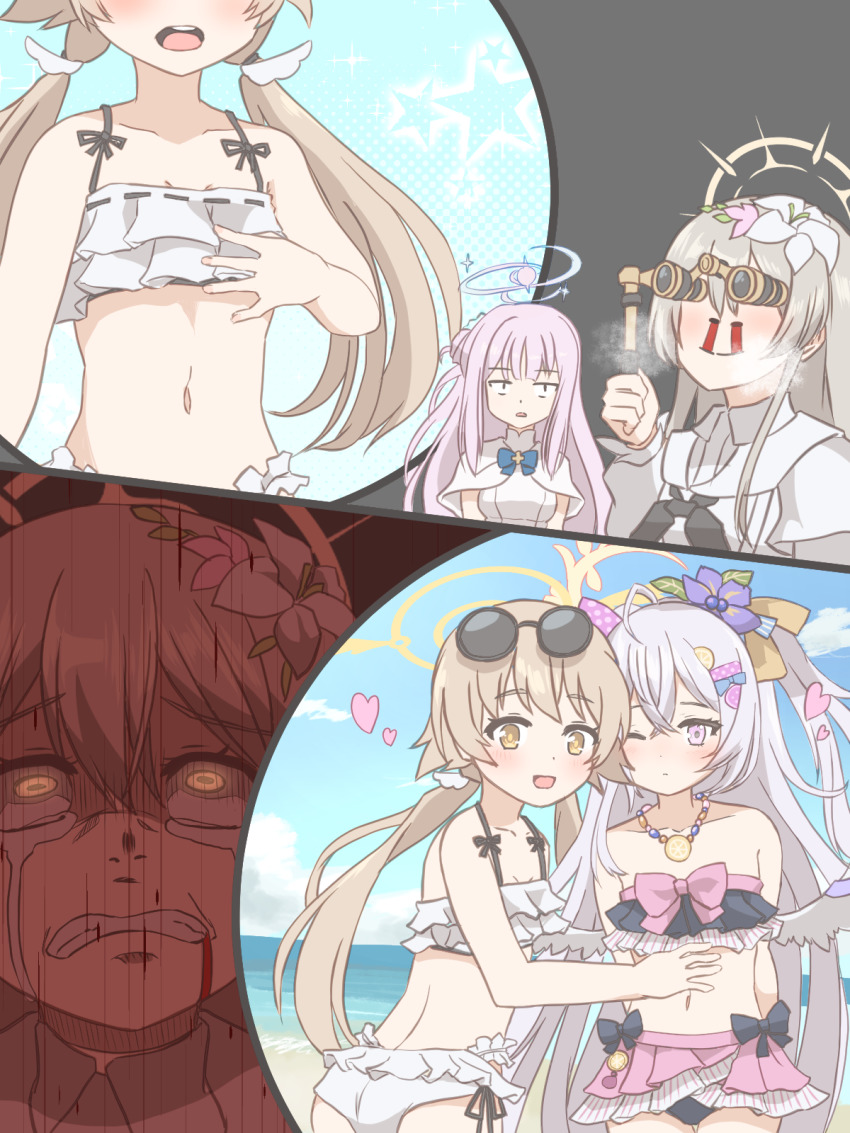4girls azusa_(blue_archive) azusa_(swimsuit)_(blue_archive) beach bikini blood blood_from_mouth blue_archive breasts clenched_teeth comic commentary_request crying female_pervert frilled_bikini frills glowing glowing_eyes hair_between_eyes hair_ornament halo hifumi_(blue_archive) hifumi_(swimsuit)_(blue_archive) highres jealous light_brown_hair long_hair mika_(blue_archive) multiple_girls nagisa_(blue_archive) nosebleed pervert pink_hair school_uniform silver_hair small_breasts streaming_tears swimsuit tears teeth tififox white_bikini yuri