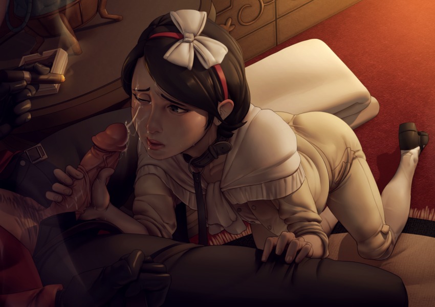1boy 1girl black_eyes black_hair cigar collar cum cum_on_body cum_string dishonored emily_kaldwin facial gloves handjob hetero highres john_doe_(jdart) kneeling leash one_eye_closed open_fly penis smoke smoking sweat uncensored