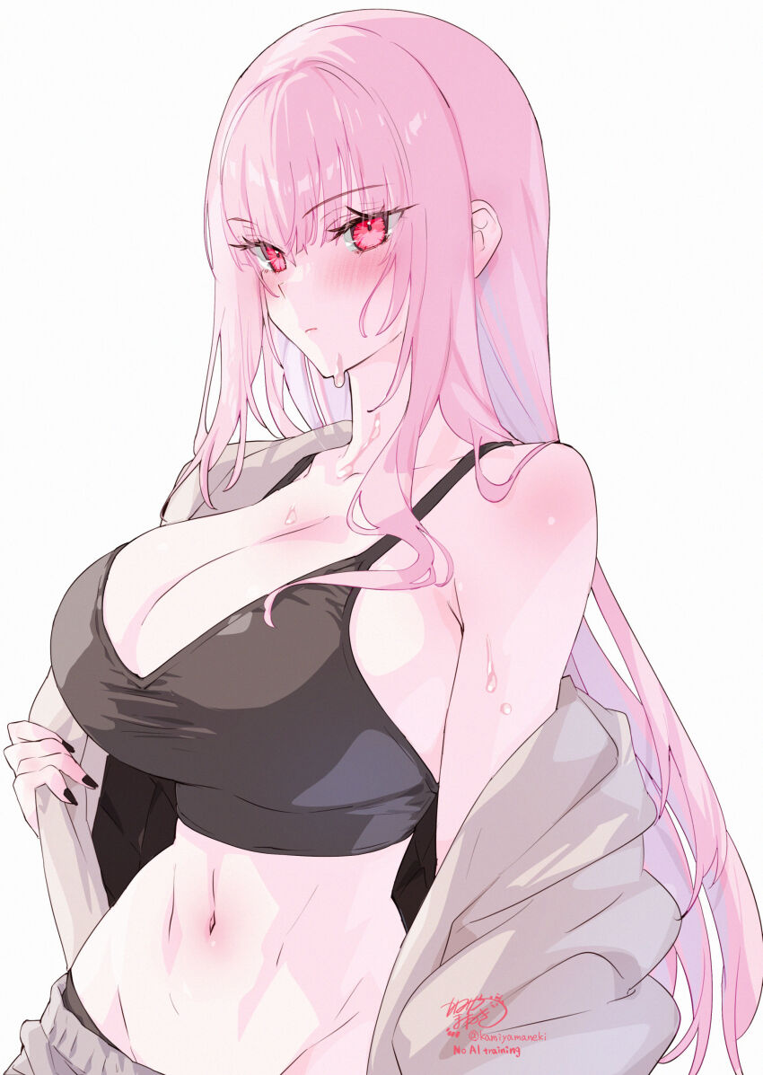 1girl absurdres artist_name black_nails black_tank_top blush breasts cleavage closed_mouth collarbone commentary fingernails grey_pants hair_between_eyes highres hip_bones hololive hololive_english hood hoodie kamiya_maneki large_breasts long_hair midriff mori_calliope nail_polish navel pants pink_eyes pink_hair pink_lips signature simple_background single_bare_shoulder solo stomach sweat tank_top twitter_username virtual_youtuber white_background white_hoodie