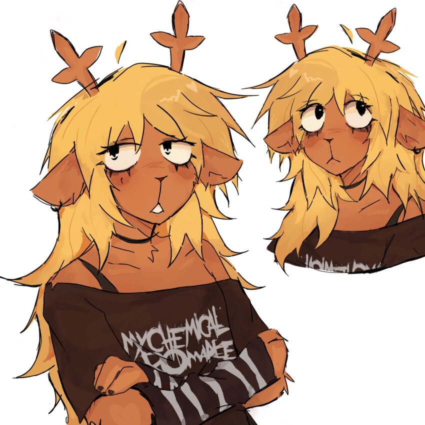1girl ahoge animal_ears antlers band_shirt black_choker black_eyes black_eyeshadow black_nails black_shirt blonde_hair bra_strap buck_teeth choker commentary deer_antlers deer_ears deer_girl deltarune detached_hair ear_piercing english_commentary eyes_visible_through_hair eyeshadow furry furry_female highres horns long_hair makeup merchandise multiple_views nail_polish noelle_holiday off-shoulder_shirt off_shoulder pastciarn piercing reindeer_girl shirt short_sleeves simple_background teeth white_background