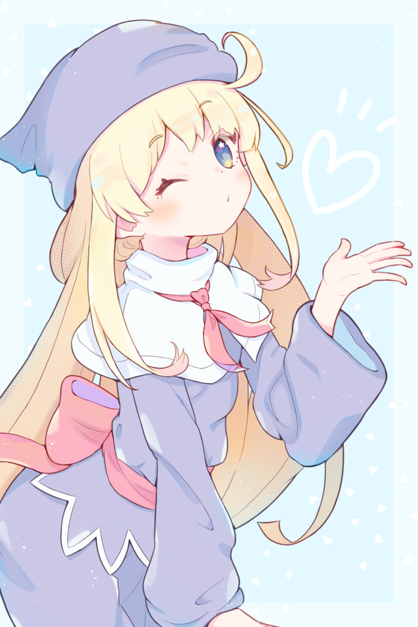 1girl ahoge arm_at_side arm_rest asymmetrical_sidelocks back_bow baggy_clothes blonde_hair blowing_kiss blue_background blue_eyes blue_outline bow breasts capelet cowboy_shot grey_hat grey_pants grey_sweater hat headscarf heart highres jazz_grace leaning_forward light_blush long_hair looking_at_viewer one_eye_closed open_hand outline pants pastel_colors puyopuyo raised_eyebrows red_bow red_ribbon red_sash ribbon sash sideways_glance small_breasts solo star_(symbol) star_in_eye straight_hair sweater symbol_in_eye very_long_hair white_capelet wide_sleeves witch_(puyopuyo)
