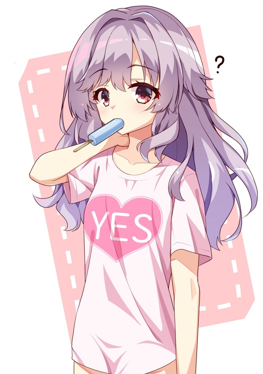 1girl ? arm_at_side blush breasts collarbone commentary_request cowboy_shot eyelashes food_in_mouth grey_hair hair_between_eyes hair_down hand_up heart heart_print highres kinoshita_kaede long_hair looking_at_viewer out-of-frame_censoring pink_shirt popsicle popsicle_in_mouth red_eyes sesen2000 shirt short_sleeves small_breasts solo tenshi_souzou_re-boot! wavy_hair yes