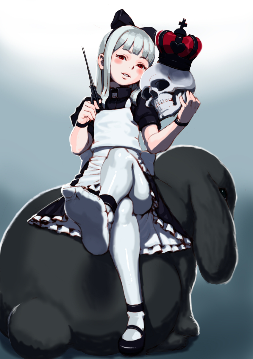 1girl absurdres animal animal_ears apron black_dress blush commentary_request crossed_legs crown dress feet frilled_dress frills grey_hair highres holding holding_skull long_hair looking_at_viewer mary_janes original oversized_animal pantyhose rabbit rabbit_ears red_eyes rico_(maikubakaa) scissors shoes single_shoe sitting skull smile soles white_pantyhose