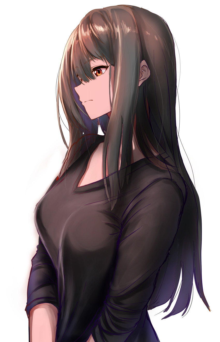 1girl absurdres black_hair black_shirt breasts brown_eyes from_side gloom_(expression) highres light_frown long_hair long_sleeves marse_(rokudaime) medium_breasts multicolored_eyes orange_eyes original portrait shirt sketch solo split_ends straight_hair two-tone_eyes white_background