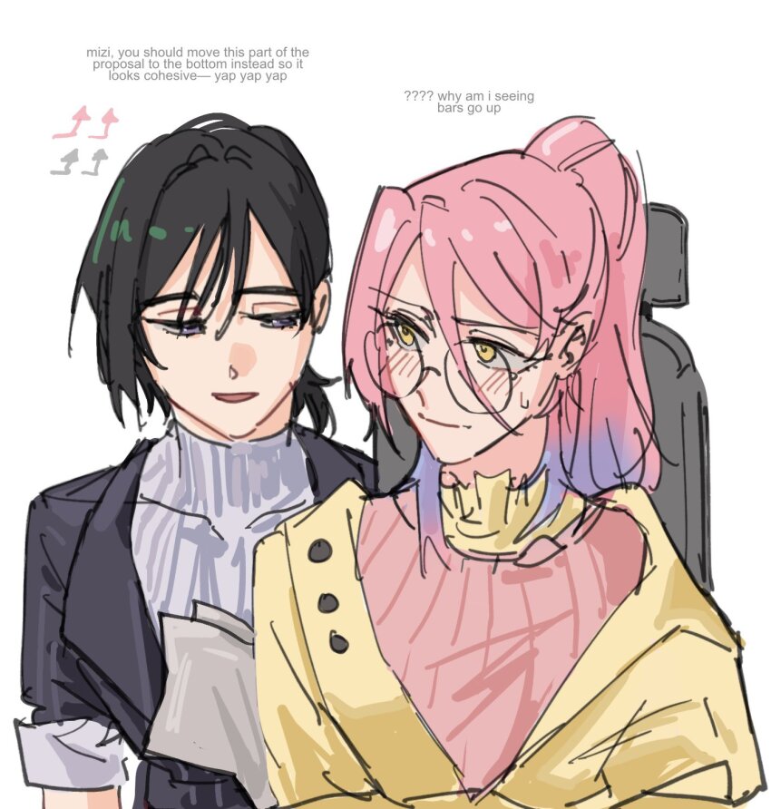 2girls alien_stage arrow_(symbol) black_hair black_jacket blush commentary cosplay english_commentary english_text glasses grey_shirt half-closed_eyes highres jacket love_curse:_find_your_soulmate mizi_(alien_stage) multicolored_hair multiple_girls pink_hair pink_sweater ponytail purple_eyes purple_hair round_eyewear selene_yan selene_yan_(cosplay) shirt small_sweatdrop smile sua_(alien_stage) sweater the_quipper turtleneck turtleneck_shirt two-tone_hair victoria_qi victoria_qi_(cosplay) yellow_jacket
