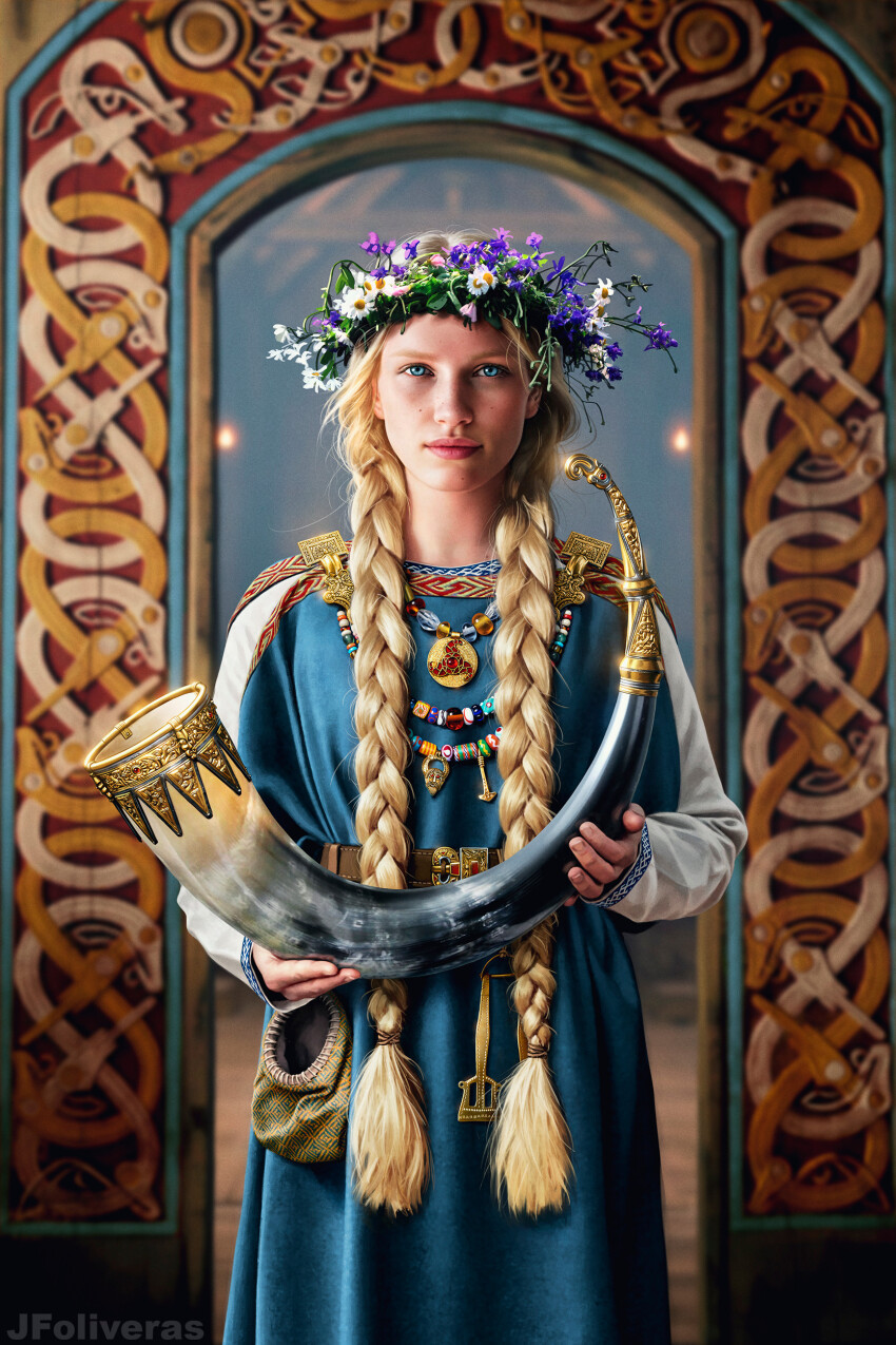 1girl absurdres artist_name blonde_hair blue_dress blue_eyes braid dress english_text european_clothes head_wreath highres horn_ornament horns jfoliveras long_hair looking_at_viewer original solo twin_braids watermark