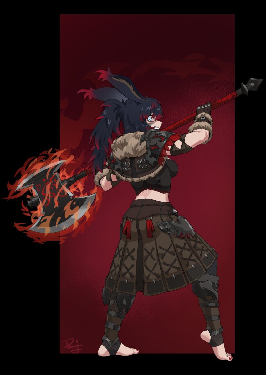 1girl animal_ears armor axe battle_axe black_background black_hair blue_eyes commentary commission difman english_commentary engraved evil_smile feet fiery_background fighting_stance fire flaming_weapon from_side fur_trim gloves highres leather_armor long_hair looking_at_viewer looking_back median_furrow midriff multicolored_hair nail_polish original rabbit_ears red_background red_hair red_streaks signature smile solo stirrup_legwear streaked_hair tiptoes toeless_legwear toenail_polish toenails toes two-tone_background two-tone_hair viera vjkta_vesttur_(berserker_bun) weapon