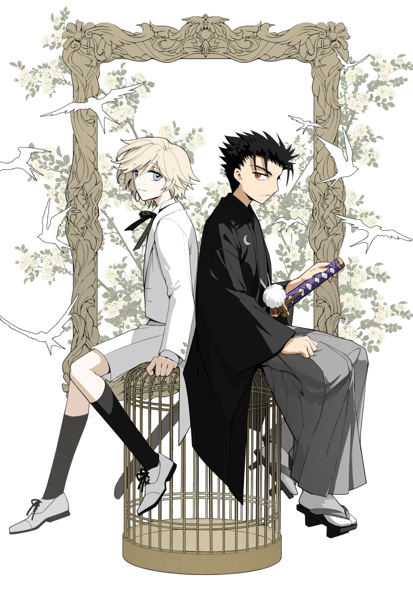 2boys absurdres aged_down back-to-back bird birdcage black_bow black_bowtie black_hair black_kimono black_socks blonde_hair blue_eyes bow bowtie branch cage child crescent_print fai_d._flowright floral_background full_body geta grey_hakama hakama haori_himo highres jacket japanese_clothes katana kimono kneehighs kurogane_(tsubasa_chronicle) long_sleeves looking_at_viewer male_focus multiple_boys picture_frame red_eyes short_hair shorts simple_background sitting sitting_on_object smile socks sword tabi tsubasa_chronicle weapon white_background white_footwear white_jacket white_shorts white_socks wide_sleeves yuefanfan