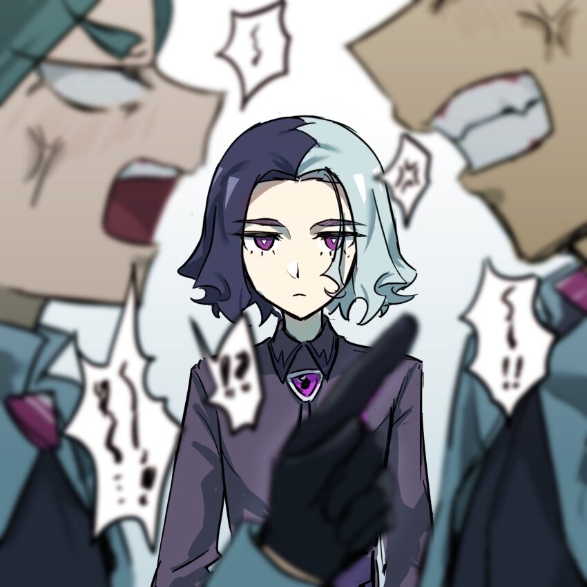 1girl 2boys amethio_(pokemon) anger_vein arguing black_gloves blank_eyes blurry blurry_foreground bright_pupils closed_mouth collared_shirt commentary_request copituji gloves green_hair highres index_finger_raised loose_hair_strand multicolored_hair multiple_boys nintendo onia_(pokemon) open_mouth pokemon pokemon_(anime) pokemon_horizons purple_eyes shirt short_hair spoken_anger_vein teeth two-tone_hair upper_teeth_only white_background white_pupils zirc_(pokemon)
