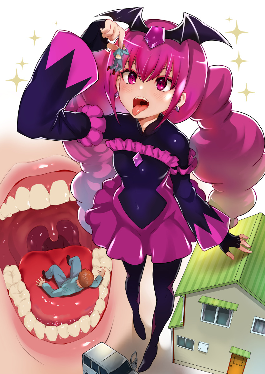 1boy 1girl absurdres arm_up bad_end_happy black_gloves bodysuit card commission diamond_(shape) earrings fingerless_gloves giant giantess gloves highres house jewelry long_hair long_sleeves open_mouth pink_eyes pink_hair precure pukara skeb_commission smile_precure! sparkle standing teeth tongue tongue_out twintails uvula very_long_hair vore