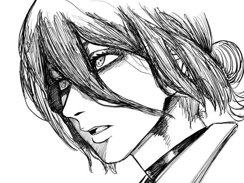 1girl chainsaw_man choker close-up commentary_request greyscale hair_between_eyes hair_bun highres monochrome open_mouth reze_(chainsaw_man) solo suzuki_gamelove