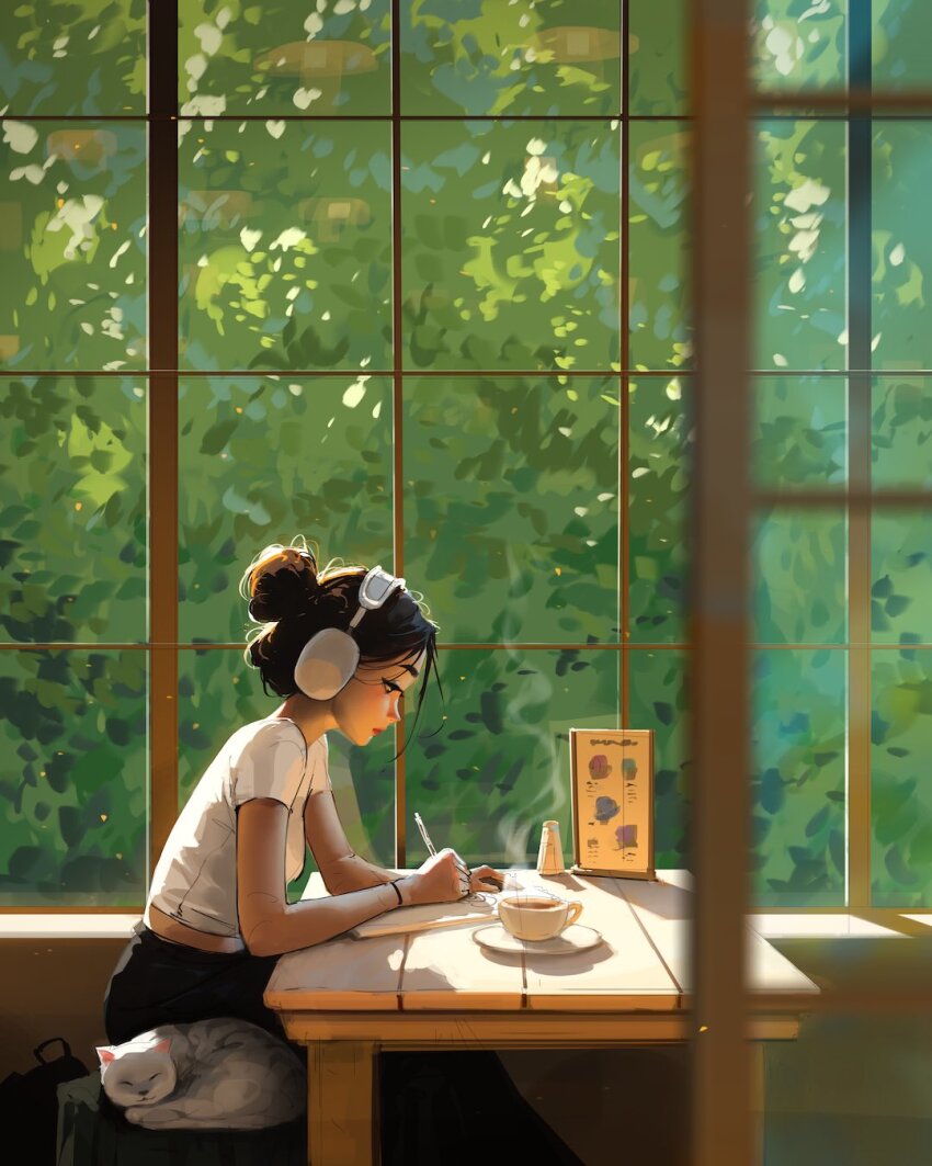 1girl black_hair black_pants cat closed_mouth commentary cup english_commentary from_side hair_bun headphones highres holding holding_pen indoors midriff_peek original pants pen plant red_lips sam_yang shirt short_sleeves sitting sleeping_animal solo steam table teacup white_shirt window wristband