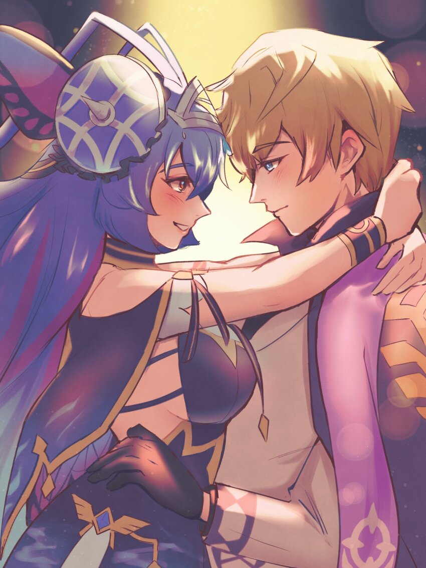1boy 1girl antenna_hair arms_around_neck basileus black_gloves blonde_hair blue_eyes blue_hair capelet commentary couple dragalia_lost english_commentary from_side gloves hair_between_eyes hair_ornament hetero highres jacket long_hair looking_at_another origa_(dragalia_lost) red_eyes short_hair smile vaccariia very_long_hair white_jacket
