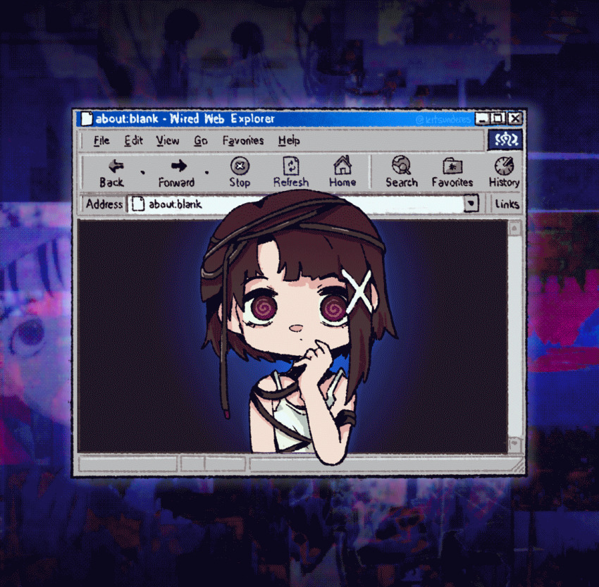 1girl @_@ animated animated_gif blinking brown_eyes brown_hair cable grin icon_(computing) iwakura_lain kitchupsandwich looping_animation microsoft_windows serial_experiments_lain shirt short_hair smile solo thinking twitter_username watermark web_address white_shirt window_(computing) windows_classic