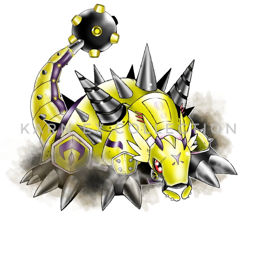 ankylomon ankylosaurus antennae armor bug digimental_of_knowledge digimon digimon_(creature) digimon_adventure_02 drill dust_cloud highres mace mandibles mask multiple_legs oridigi red_eyes solo spikes tail weapon weirdomonmaster yellow_armor