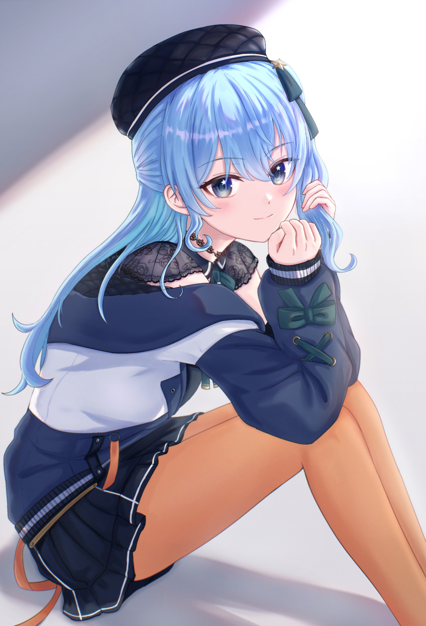 1girl black_hat black_skirt blue_eyes blue_hair blue_jacket closed_mouth commentary_request elbows_on_knees feet_out_of_frame from_side hair_between_eyes hand_in_own_hair hat highres hololive hoshimachi_suisei hoshimachi_suisei_(casual) jacket long_hair long_sleeves looking_at_viewer looking_to_the_side miniskirt official_alternate_costume on_ground orange_pantyhose p8_kei pantyhose partial_commentary sitting skirt smile solo star_(symbol) star_in_eye symbol_in_eye virtual_youtuber
