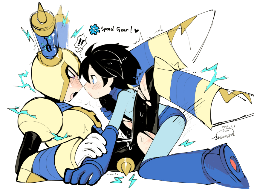 ! !! 2boys anal android armor between_legs black_bodysuit black_hair blue_armor blue_bodysuit blue_eyes bodysuit breastplate commentary_request drooling electricity face-to-face fuse fuse_man gloves heart helmet highres joints legs_apart legs_up looking_at_another lying male_focus male_penetrated mega_man_(character) mega_man_(classic) mega_man_(series) mega_man_11 missionary multiple_boys on_back open_mouth precum purple_eyes robot robot_joints sex short_hair shoulder_armor simple_background spoken_exclamation_mark spread_legs sweat tearing_up tongue tongue_out torn_bodysuit torn_clothes trembling vambraces wenyu white_background white_gloves yaoi yellow_armor yellow_headwear