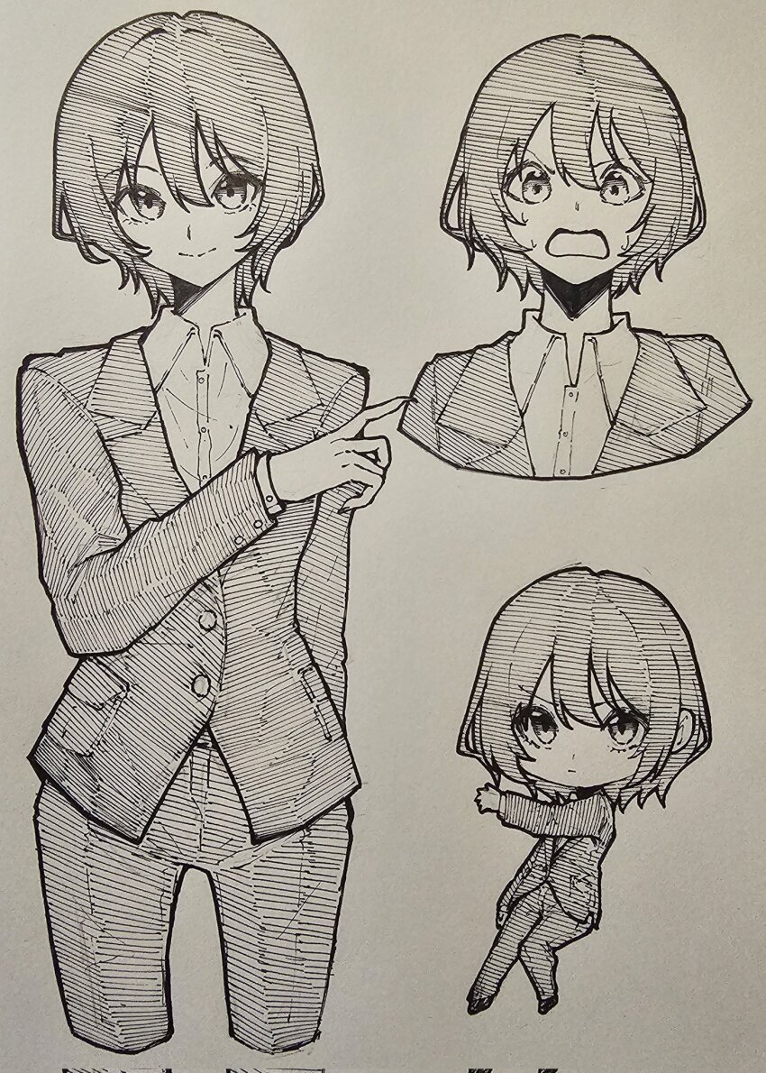 1girl character_request epeulu_(ate5424) formal_clothes highres multiple_views short_hair smile suit surprised traditional_media